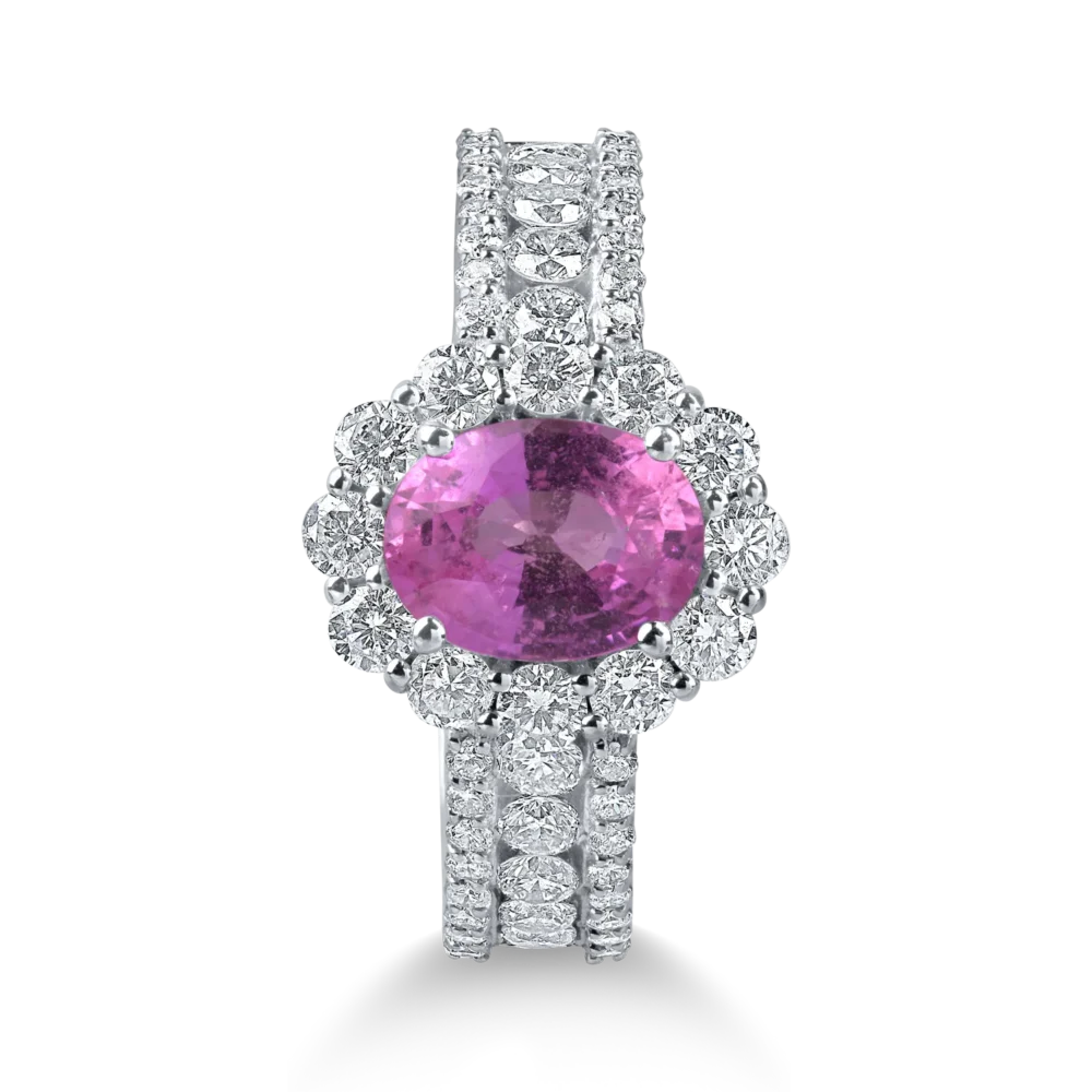 Inel din aur alb cu un safir roz oval de 1.69ct si diamante de 1.2ct - imagine 2