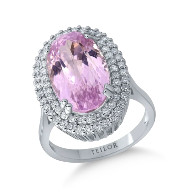 Inel din aur alb cu kunzit oval de 9.3ct si diamante de 0.7ct