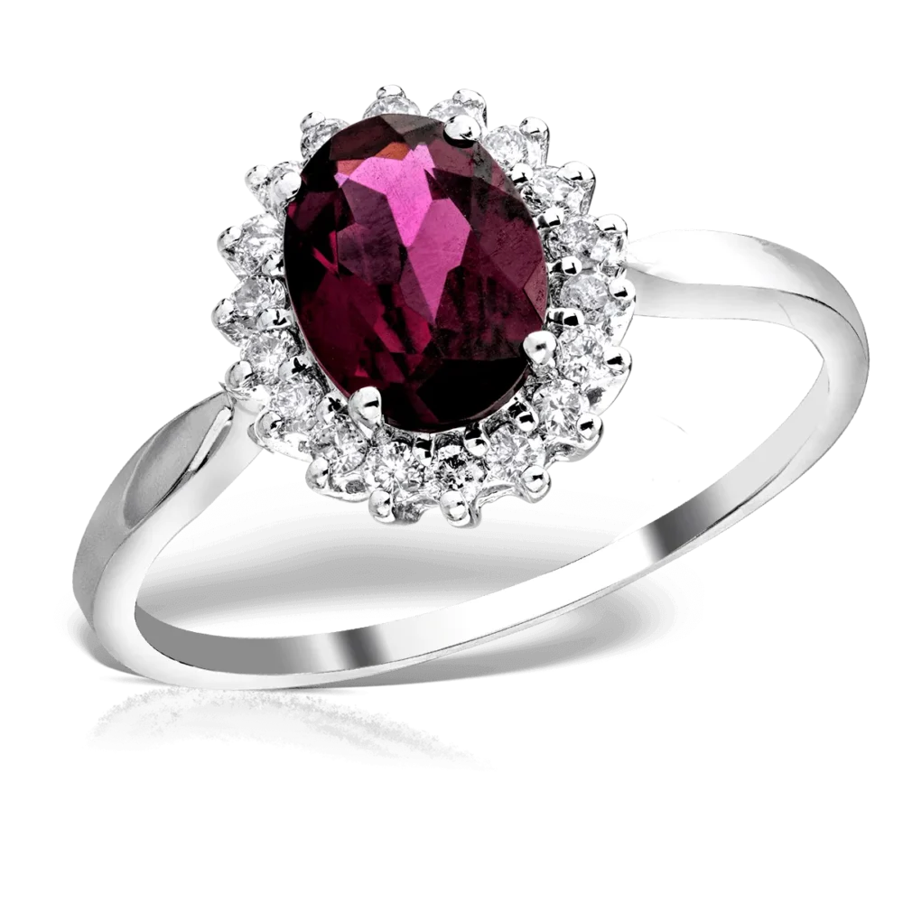 Inel din aur alb cu rodolit oval de 1.2ct si diamante de 0.2ct