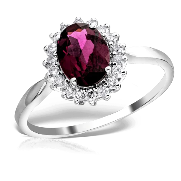 Inel din aur alb cu rodolit oval de 1.2ct si diamante de 0.2ct