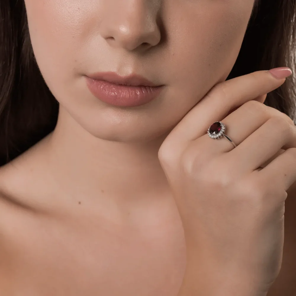 Inel din aur alb cu rodolit oval de 1.2ct si diamante de 0.2ct - imagine 3