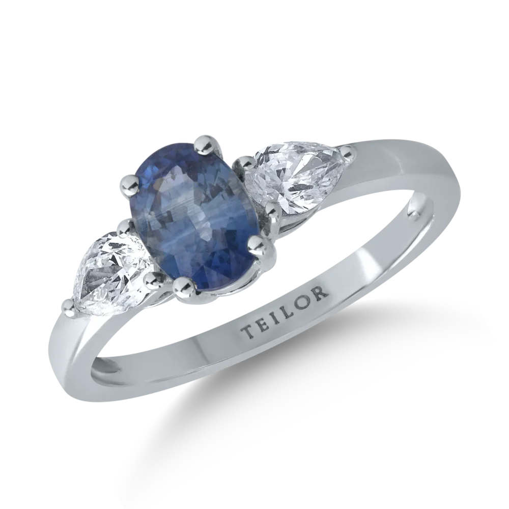 Inel din aur alb cu safir oval de 1.2ct si diamante de 0.4ct