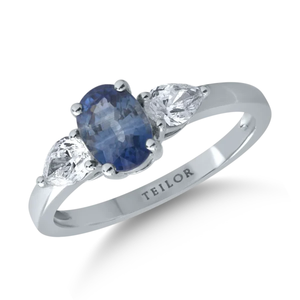 Inel din aur alb cu safir oval de 1.2ct si diamante de 0.4ct