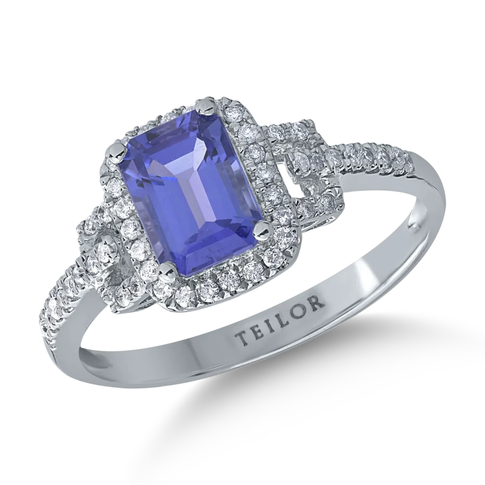 Inel din aur alb cu tanzanit emerald de 1.1ct si diamante de 0.2ct