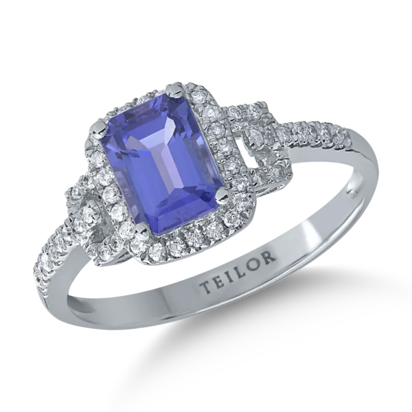 Inel din aur alb cu tanzanit emerald de 1.1ct si diamante de 0.2ct