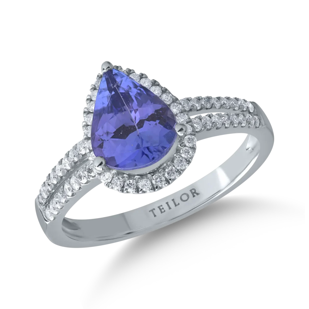 Inel din aur alb cu tanzanit pear de 1.6ct si diamante de 0.2ct