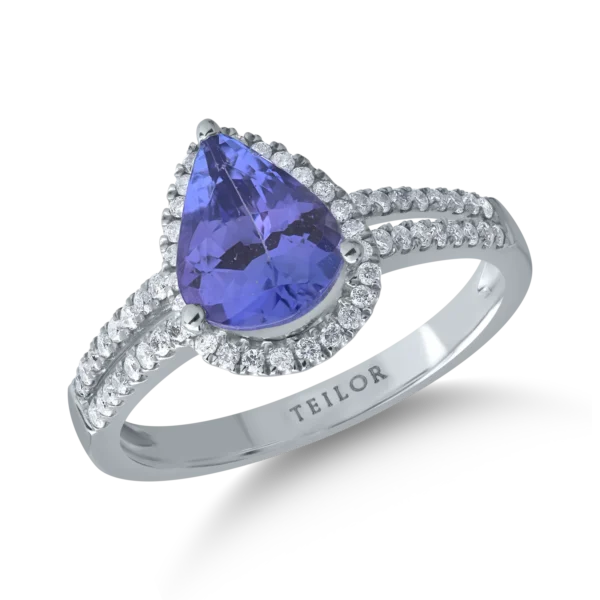 Inel din aur alb cu tanzanit pear de 1.6ct si diamante de 0.2ct