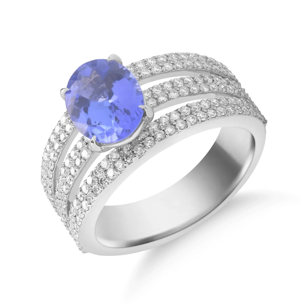 Inel din aur alb cu tanzanit oval de 2ct si diamante de 0.8ct