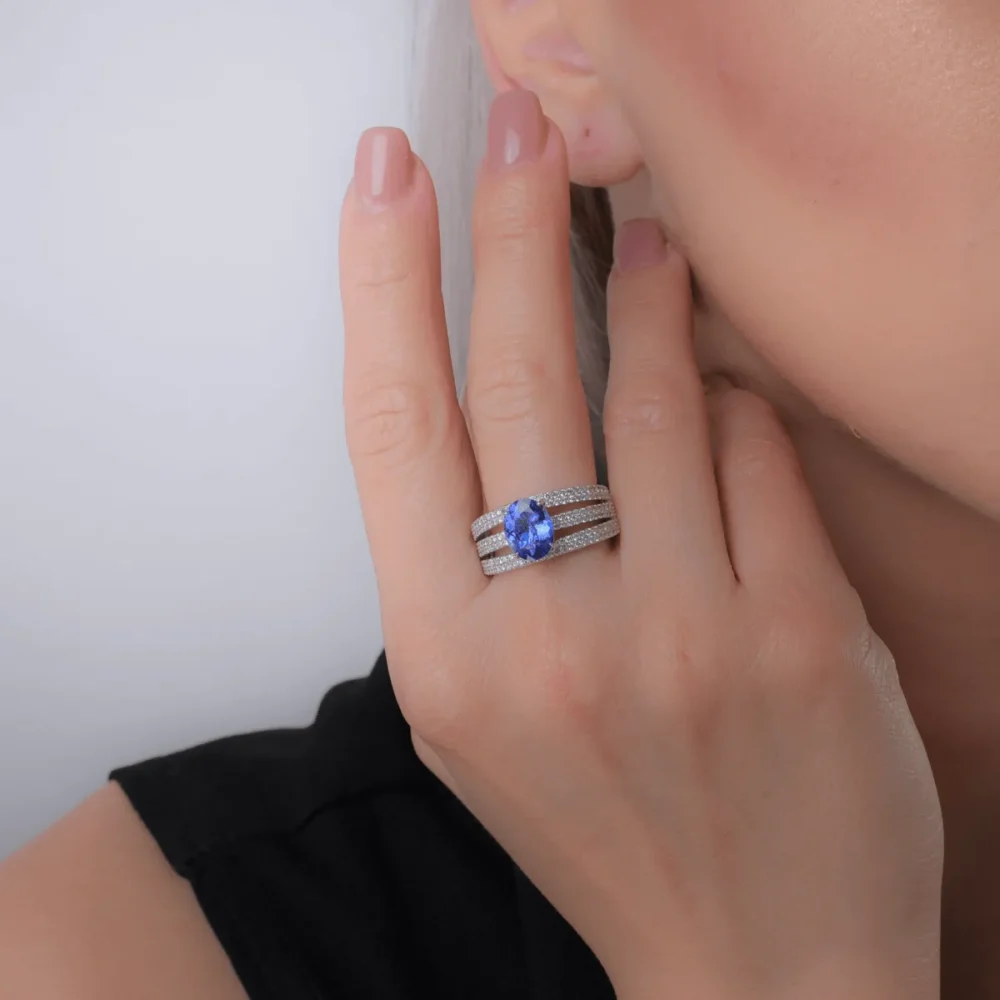 Inel din aur alb cu tanzanit oval de 2ct si diamante de 0.8ct - imagine 4