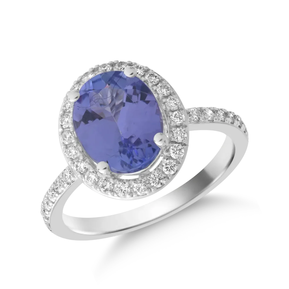 Inel din aur alb cu tanzanit oval de 2.1ct si diamante de 0.19ct