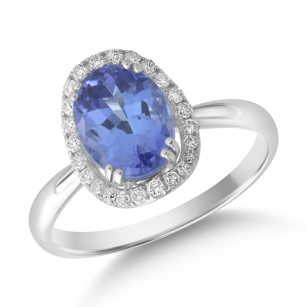 Inel din aur alb cu tanzanit oval de 2.2ct si diamante de 0.2ct
