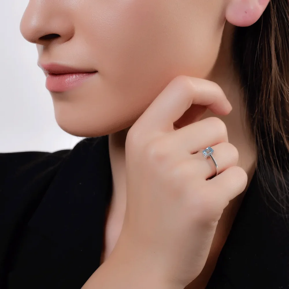 Inel din aur alb cu topaz swiss blue rectangular de 0.6ct - imagine 4