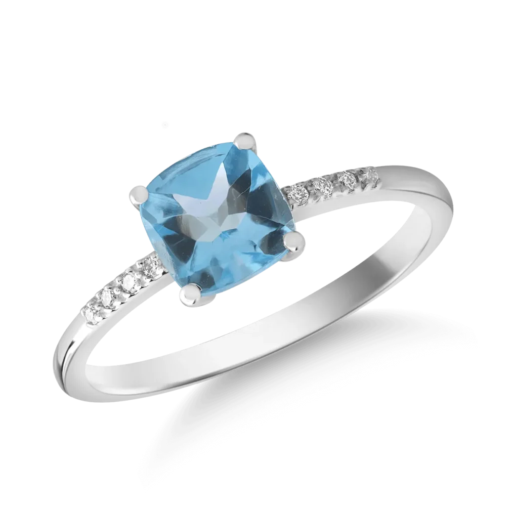 Inel din aur alb cu topaz swiss blue de 1.218ct si diamante de 0.023ct