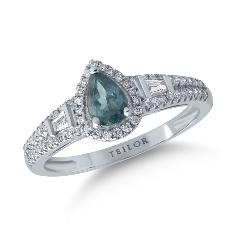 Inel din aur alb cu alexandrit pear de 0.6ct si diamante de 0.3ct
