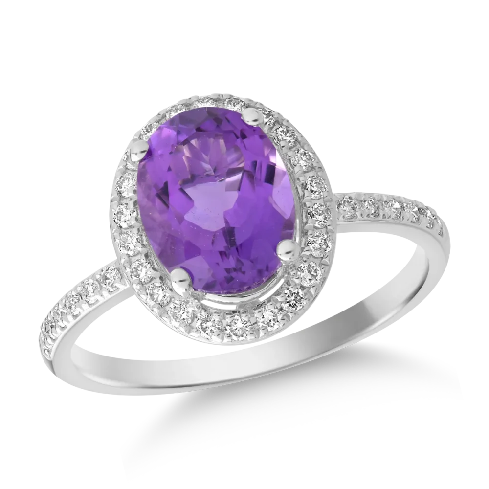 Inel din aur alb cu ametist oval de 2ct si diamante de 0.2ct