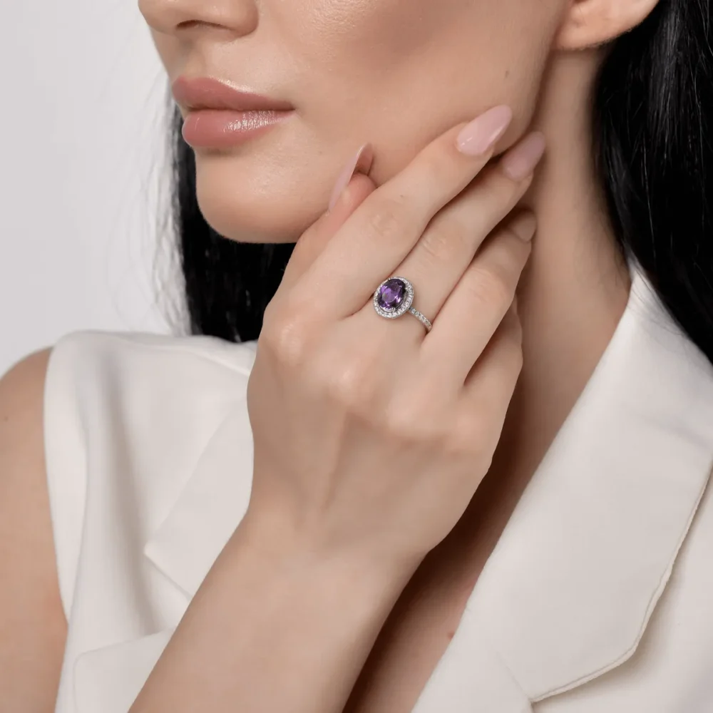 Inel din aur alb cu ametist oval de 2.1ct si diamante de 0.2ct - imagine 4
