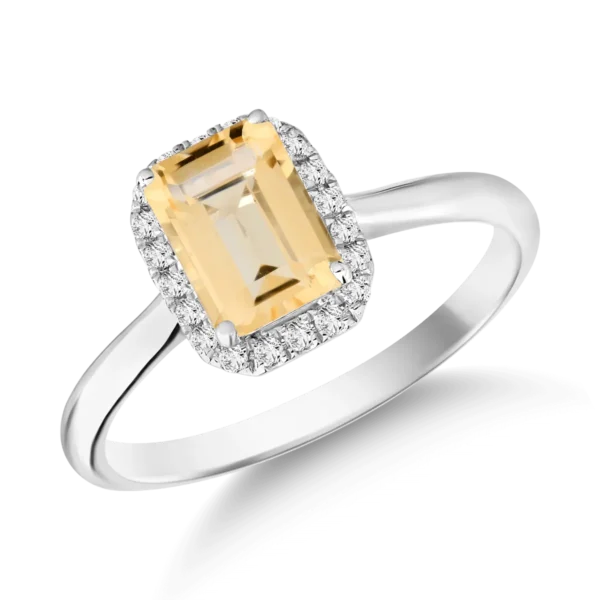 Inel din aur alb cu citrin emerald de 0.8ct si diamante de 0.1ct