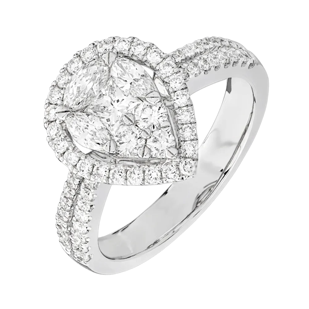 Inel din aur alb cu diamant pear de 0.2 si diamante de 0.9ct