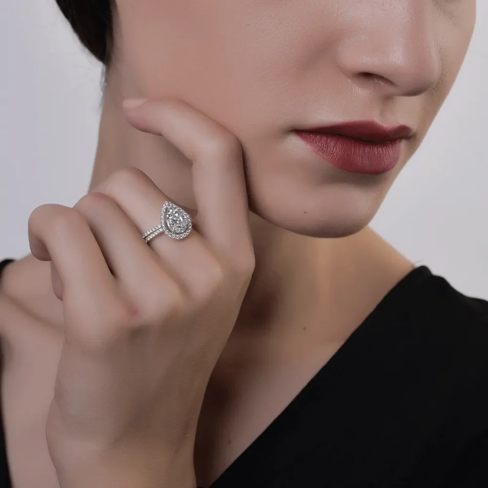 Inel din aur alb cu diamant pear de 0.2 si diamante de 0.9ct - imagine 3