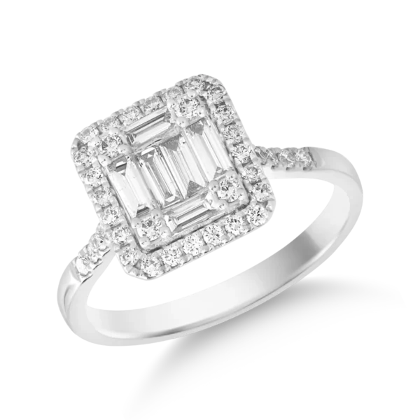 Inel din aur alb cu diamant baguette de 0.4ct si diamante de 0.3ct