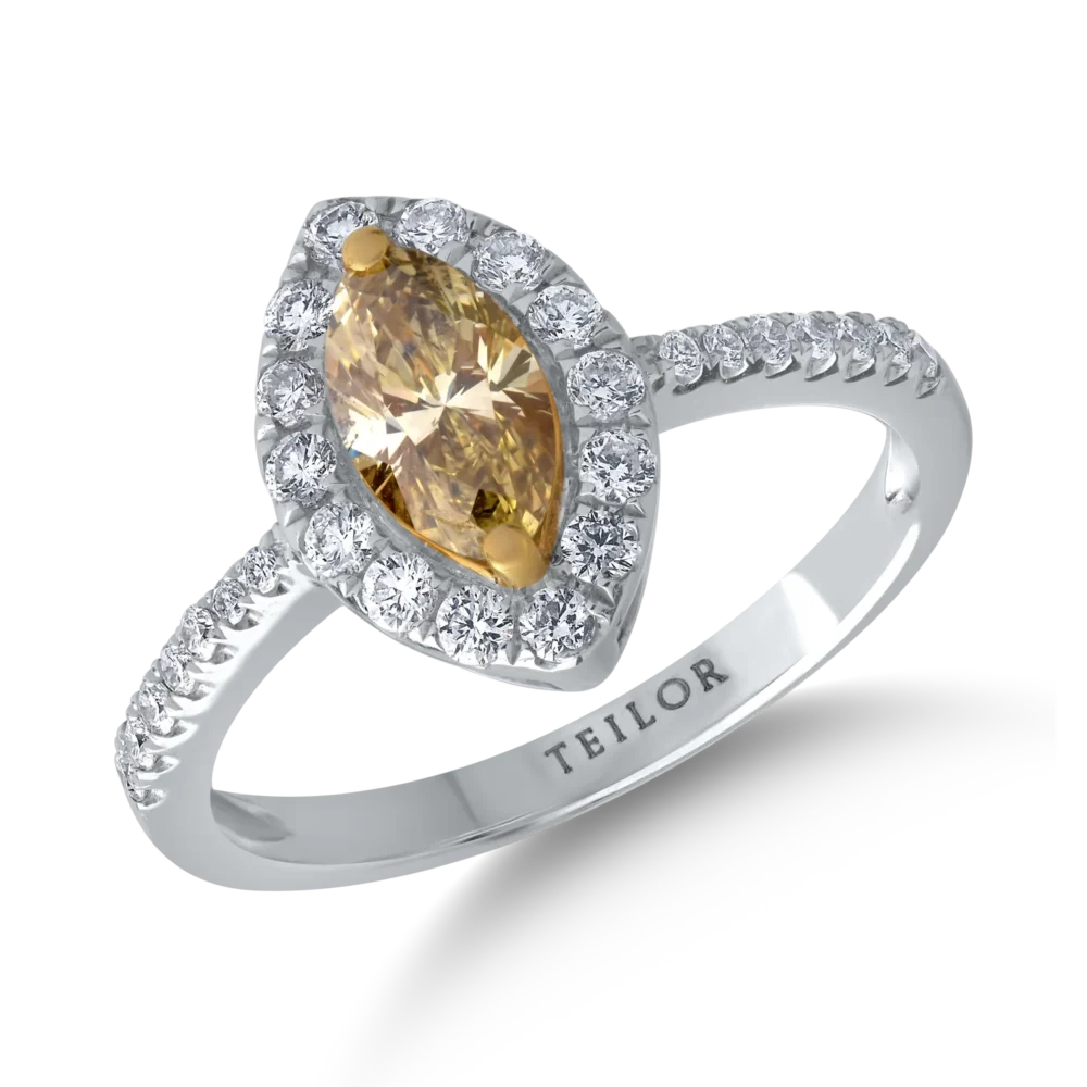 Inel din aur alb cu diamant fancy-multicolor marquise de 0.59ct si diamante de 0.3ct