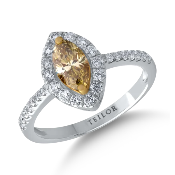 Inel din aur alb cu diamant fancy-multicolor marquise de 0.59ct si diamante de 0.3ct