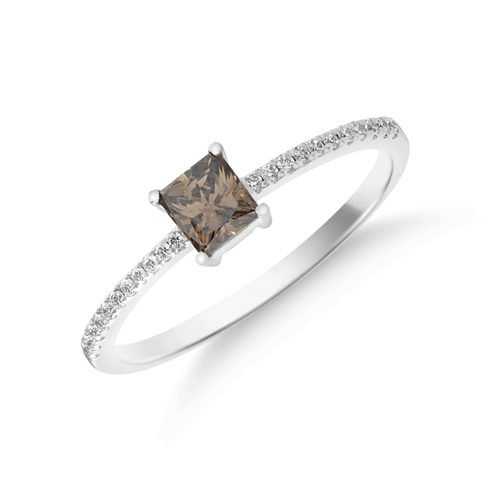 Inel din aur alb cu diamant maro de 0.45ct si diamante transparente de 0.09ct