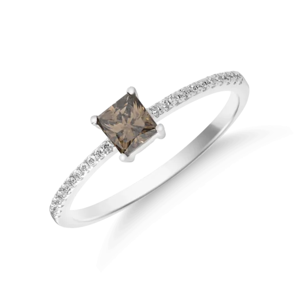 Inel din aur alb cu diamant maro de 0.45ct si diamante transparente de 0.09ct