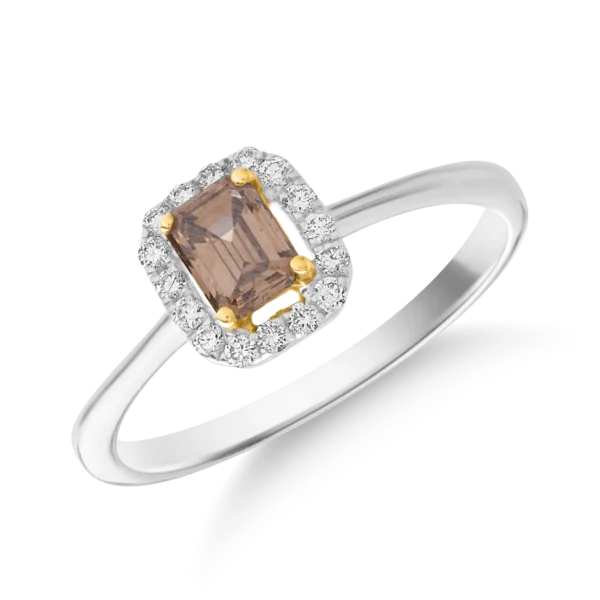 Inel din aur alb cu diamant maro rectangular de 0.48t si diamante transparente de 0.1ct