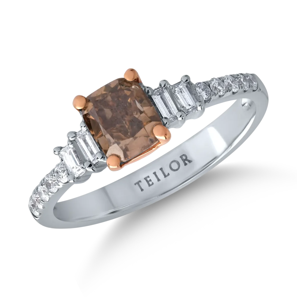 Inel din aur alb cu diamant maro de 1.01ct si diamante transparente de 0.28ct