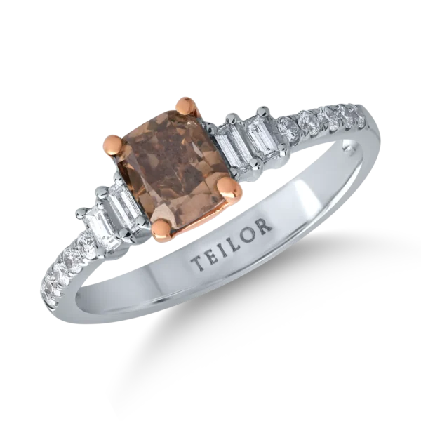 Inel din aur alb cu diamant maro de 1.01ct si diamante transparente de 0.28ct