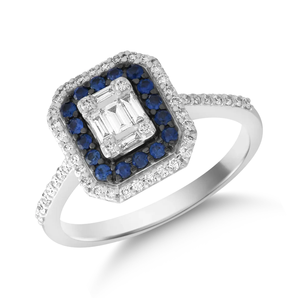 Inel din aur alb cu diamante baguette si rotunde de 0.1ct si safire de 0.2ct