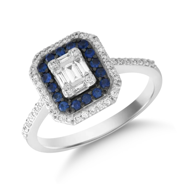 Inel din aur alb cu diamante baguette si rotunde de 0.1ct si safire de 0.2ct