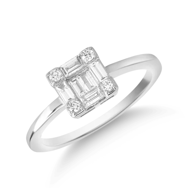 Inel din aur alb cu diamante emerald si rotunde de 0.2ct