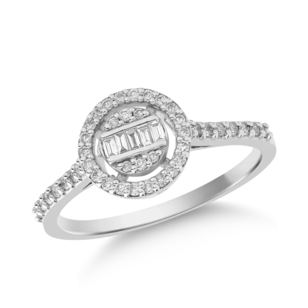 Inel din aur alb cu diamante baguette si rotunde de 0.3ct