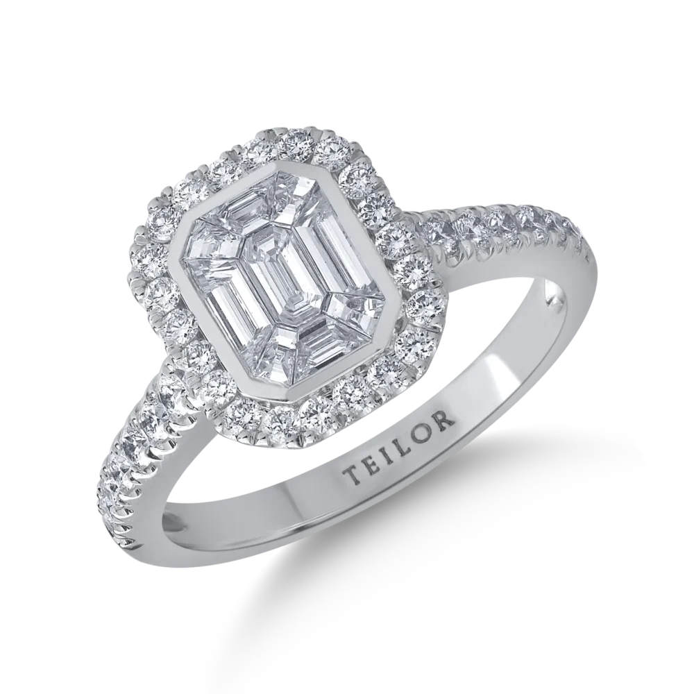 Inel din aur alb cu diamante baguette si rotunde de 0.9ct