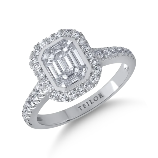 Inel din aur alb cu diamante baguette si rotunde de 0.9ct