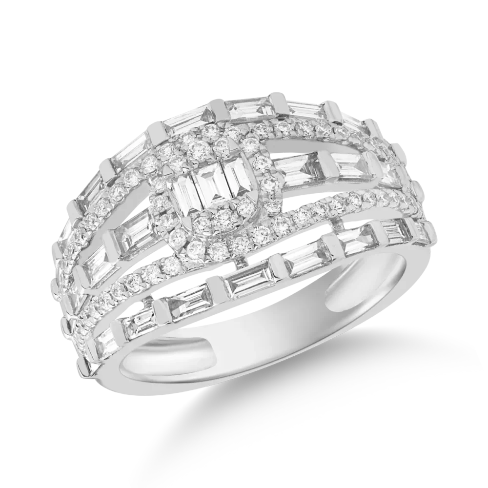 Inel din aur alb cu diamante baguette si rotunde de 1ct