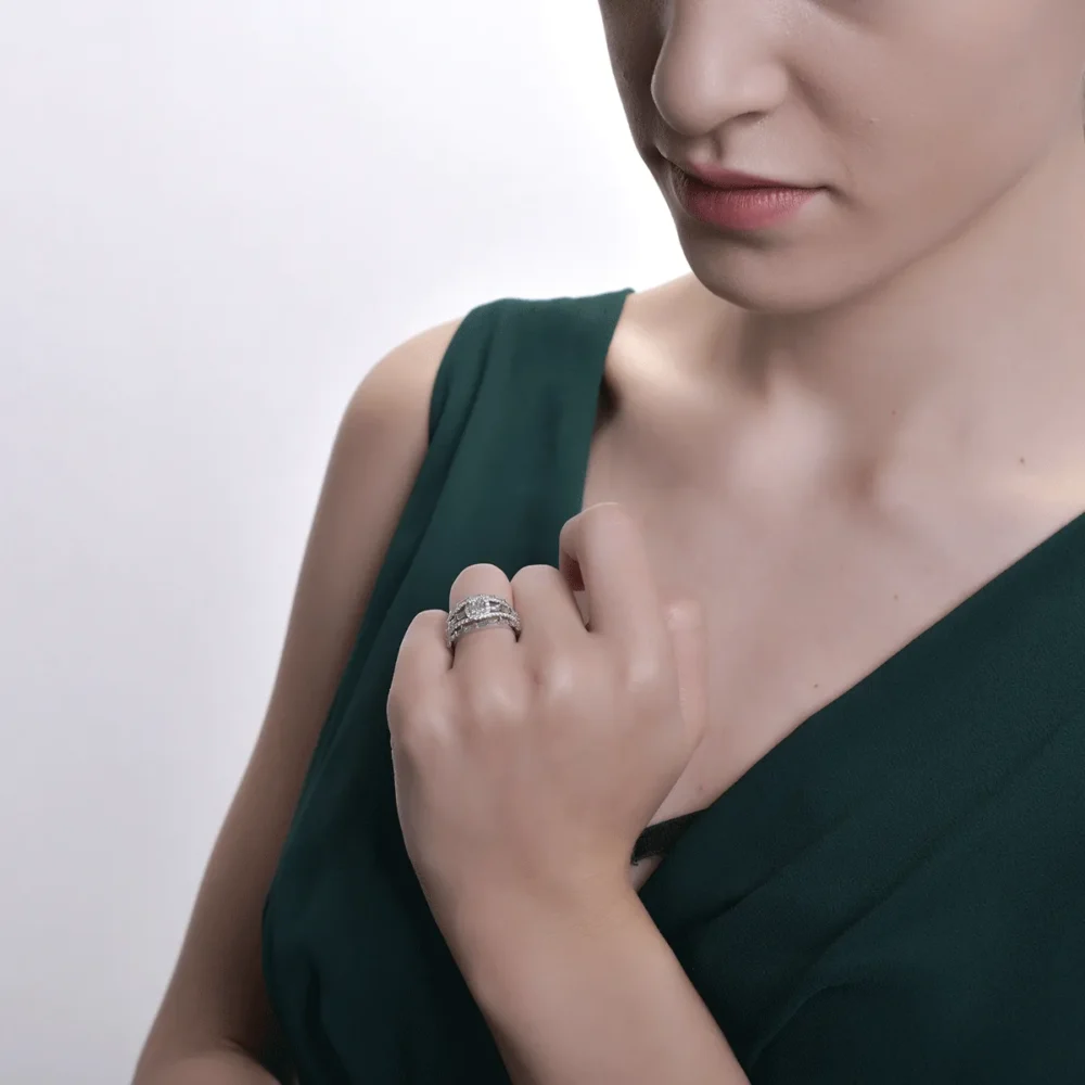 Inel din aur alb cu diamante baguette si rotunde de 1ct - imagine 4