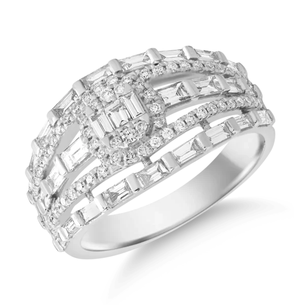 Inel din aur alb cu diamante baguette si rotunde de 1ct