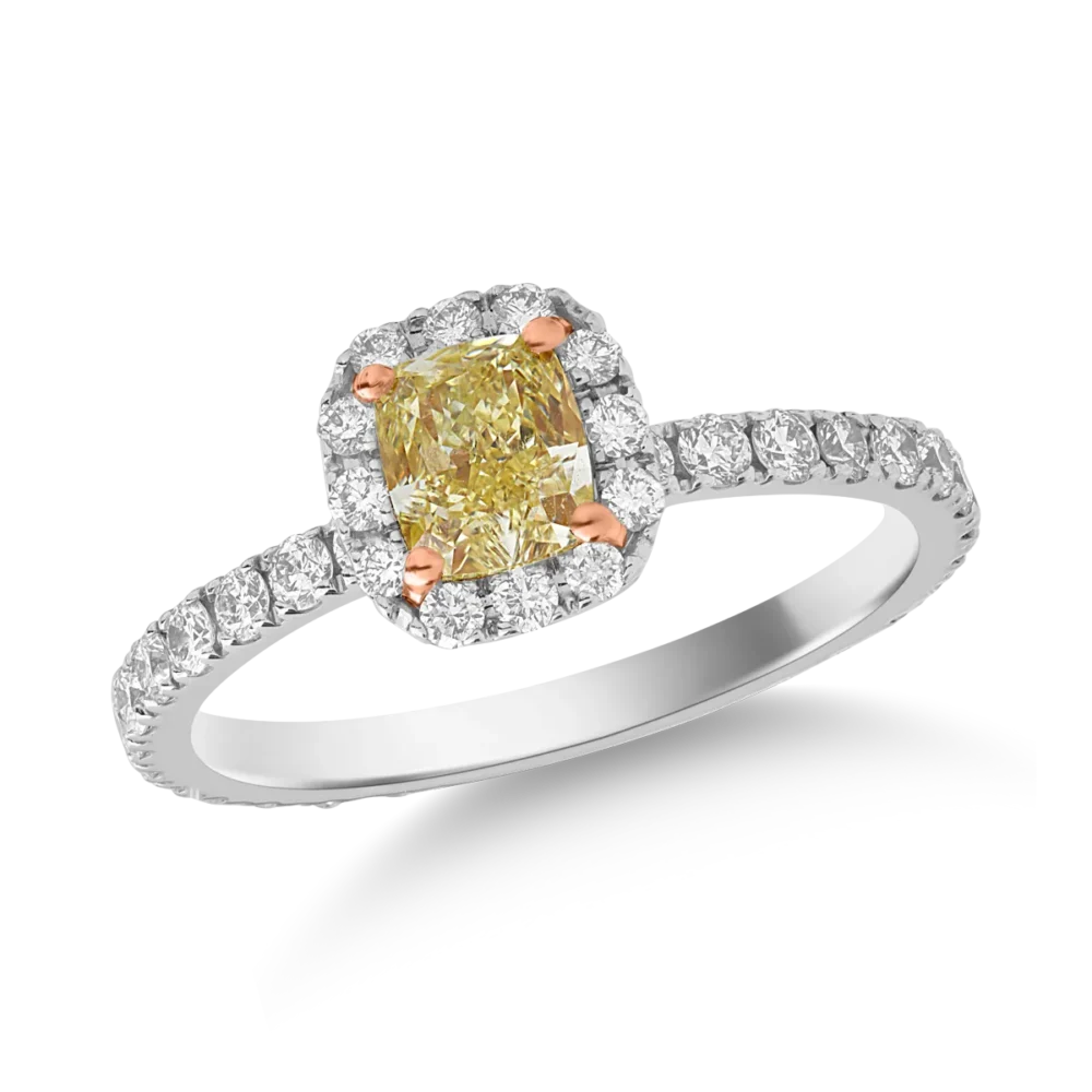 Inel din aur alb cu diamant fancy galben radiant de 0.7ct si diamante de 0.7ct