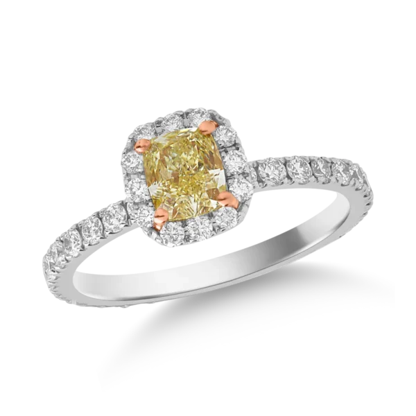 Inel din aur alb cu diamant fancy galben radiant de 0.7ct si diamante de 0.7ct