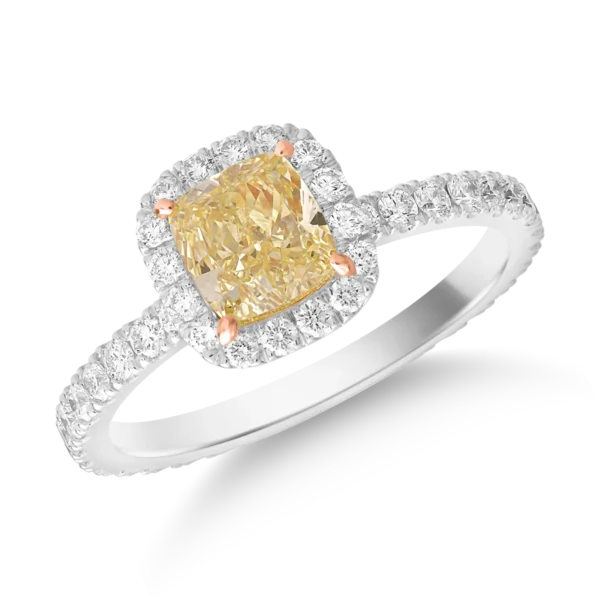 Inel din aur alb cu diamant fancy galben rectangular de 1ct si diamante de 0.6ct