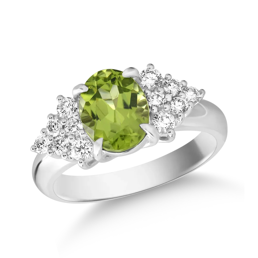 Inel din aur alb cu peridot oval de 2ct si diamante de 0.4ct