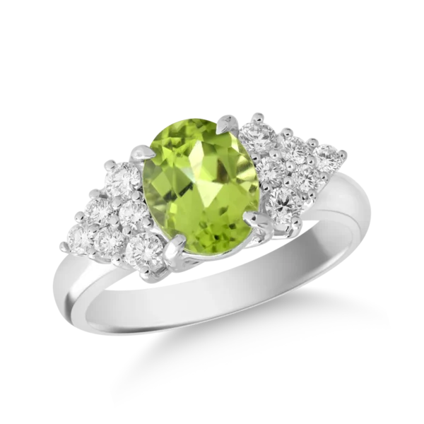 Inel din aur alb cu peridot oval de 2.1ct si diamante de 0.4ct