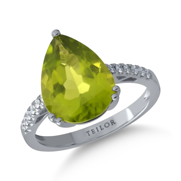 Inel din aur alb cu peridot pear de 5.3ct si diamante de 0.1ct