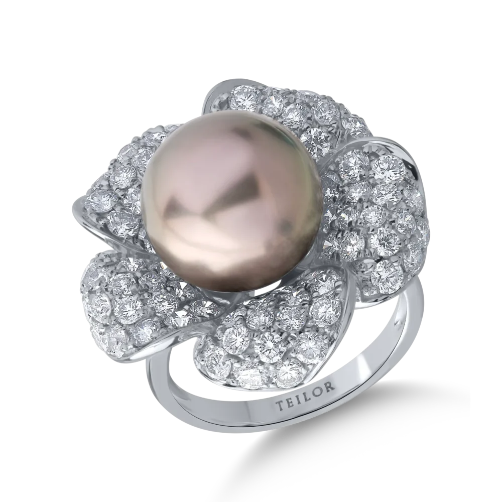 Inel din aur alb cu perla de cultura de 12.3ct si diamante de 2.99ct