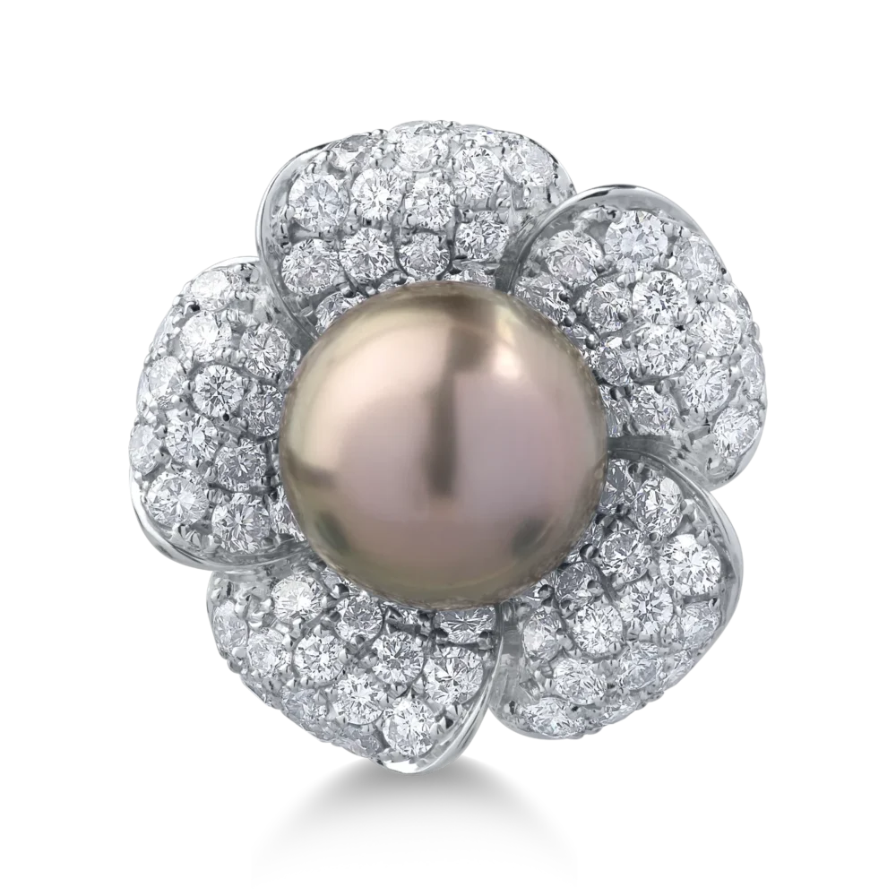 Inel din aur alb cu perla de cultura de 12.3ct si diamante de 2.99ct - imagine 3