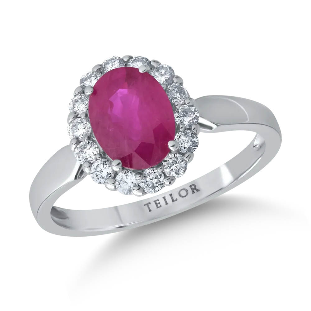 Inel din aur alb cu rubin oval de 1.6ct si diamante de 0.3ct