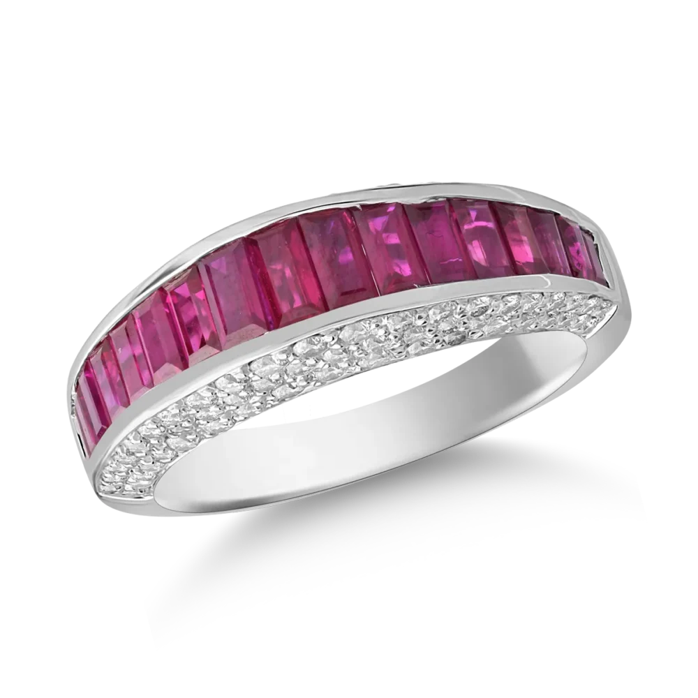 Inel din aur alb cu rubine baguette de 1.7ct si diamante de 0.8ct
